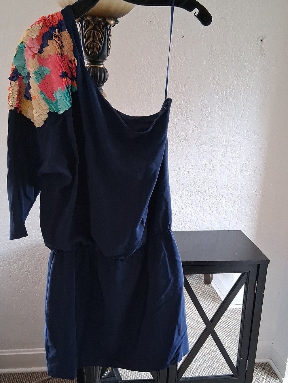 Tibi Navy One-Shoulder Dress with Multicolor Floral Shoulder